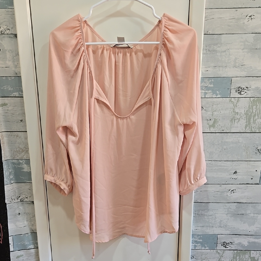 Forever 21 Pink Puff Sleeve Blouse with Ruched Tie Front